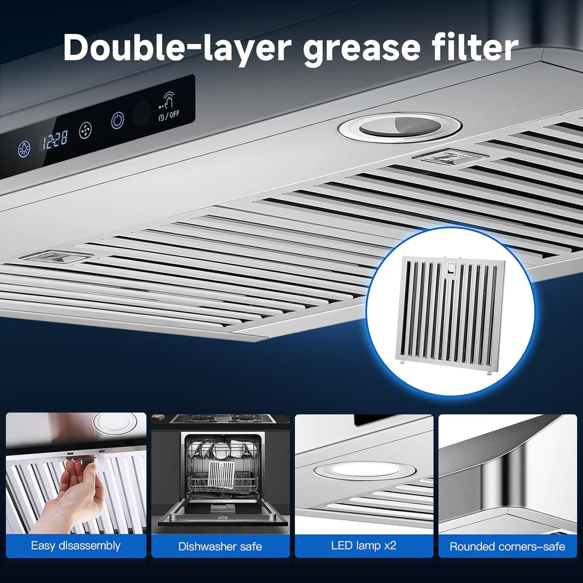 30" under Cabinet Range Hood, 750CFM Stainless Steel Vent Hood | Stainless Steel Hood with Touch/Remote/Gesture Control, Timer, LED Lights & Dishwasher-Safe Baffle Filters 3 Outlets