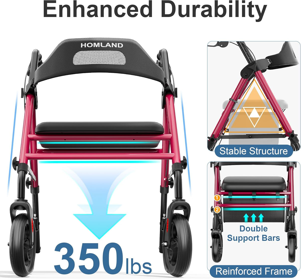 Foldable Rollator Walkers for Seniors with Seat, 16" Enlarged Seat | 350 Lb Sturdy Frame, 16"×12" Seat 1.9" Thick, 8" Big Wheels, Adjustable Height, Tool-Free Assembly, All Terrain Mobility Aid