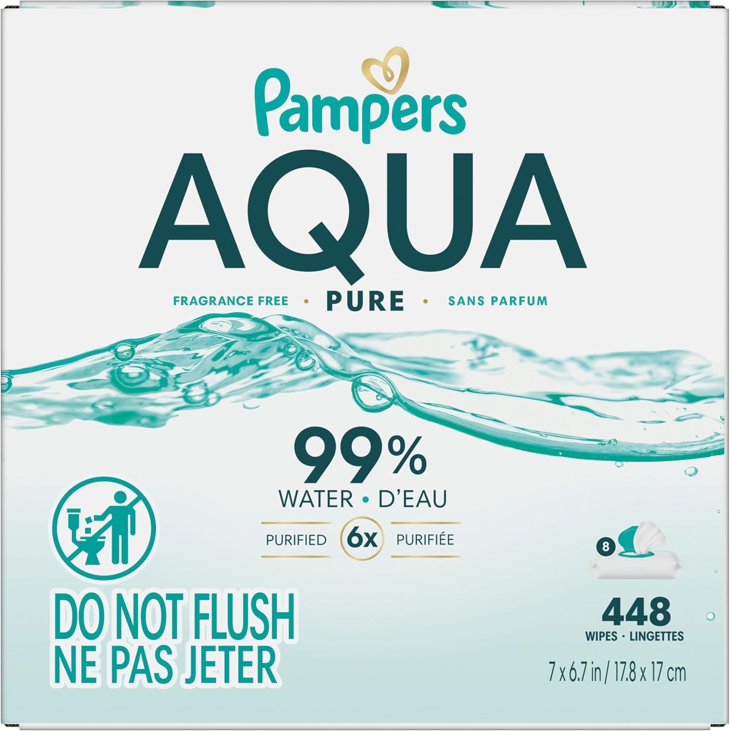 Aqua Pure Baby Wipes, 99% Water, Fragrance Free, Unscented, Water Based, Multi-Use, 448 Wipes Total (8X Flip-Top Packs) [Packaging May Vary]