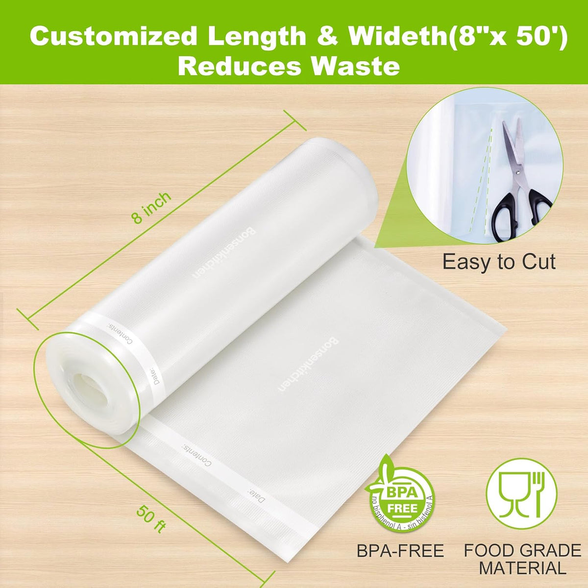 Vacuum Sealer Bags, 8" X 50' Rolls 2 Pack for Food Storage | Commercial Grade Textured Food Roll, Heavy Duty, Customized Size Bag for Sous Vide Cooking, BPA Free, VB3209