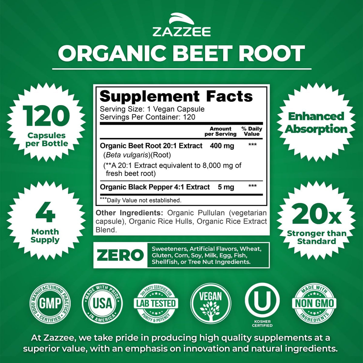 USDA Organic Beet Root 20:1 Extract, 120 Quick Release Capsules | 4 Month Supply, Vegan, Nitric Oxide Support, Black Pepper Extract for Enhanced Absorption, Certified Kosher, Made in the USA