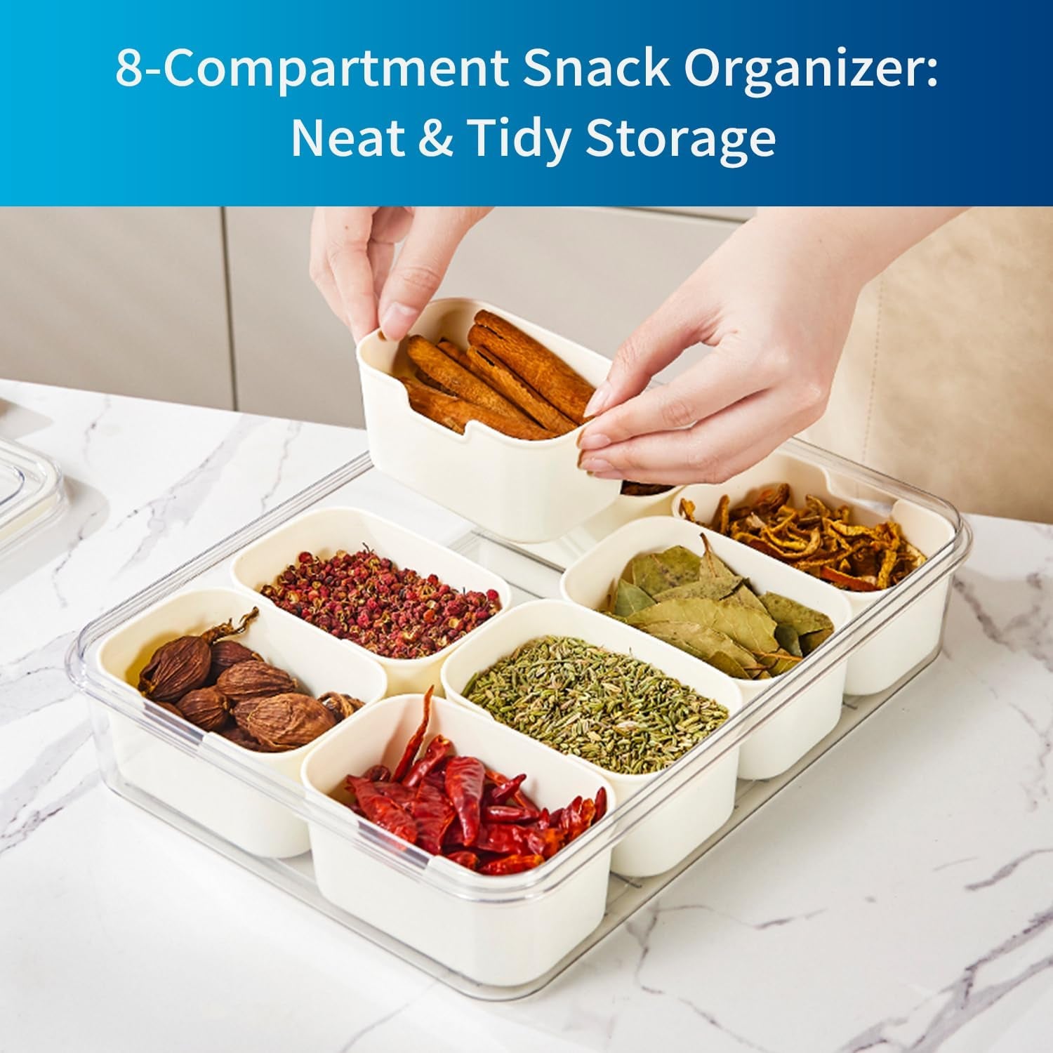 2 Pack Snackle Box –Air Tight Snack Containers with Divided, Lids&Handle –Clear Serving Tray for Fruits, Candy, Nuts –Portable for Travel, Parties, Daily Use (8 Containers Dishwasher Safe)