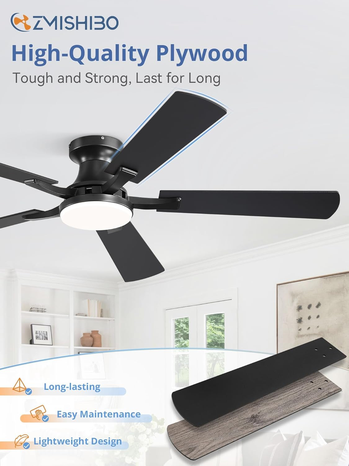 52 Inch Ceiling Fans with Lights, Remote&App Control, Flush Mount | Low Profile, Dimmable 20W LED Light, Quiet Reversible Motor, Strong Airflow, Easy Install for Bedroom/Living Room/Apt, Black