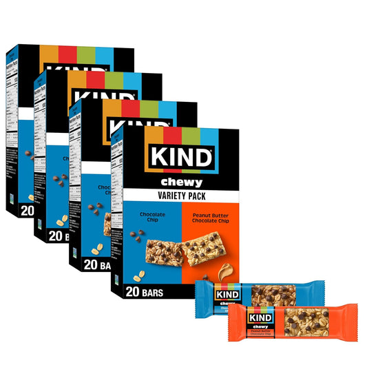 Chewy Granola Bars Variety Pack, Gluten Free, Low Calorie, Healthy Snacks, Chocolate Chip, Peanut Butter Chocolate Chip, 4 Boxes of 20 (80 Bars Total) | Dairy-Free, Non-Gmo, 100 Calorie Lunchbox Snack. Made with Whole Grain Oats for a Soft, Chewy Treat. Includes 80 Bars.