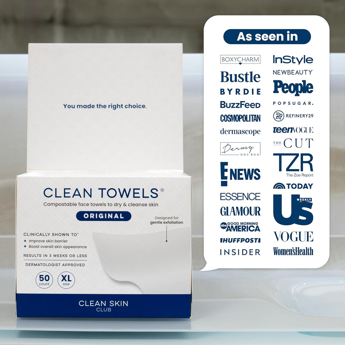 Clean Towels XL®, 100% USDA Biobased Face Towel, Disposable Face Towelette, Eczema Association Accepted, Makeup Remover Dry Wipes, Ultra Soft, 1 Pack, 50 Ct