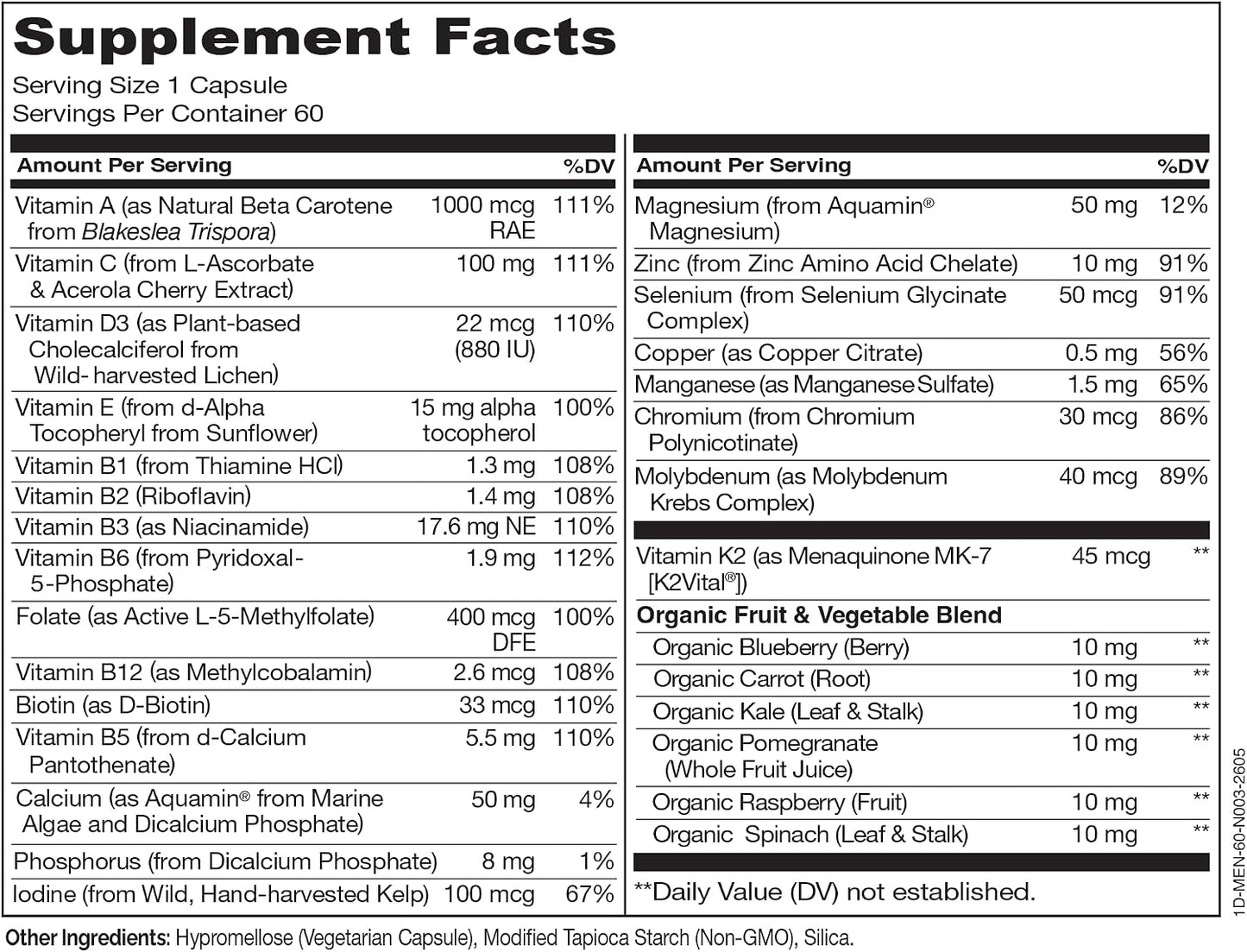Mens Multivitamins - One Daily Multivitamin for Men with Vitamins, Minerals & Organic Whole Foods, Boost Energy & Health, Non-Gmo, 60 Vegetarian Capsules