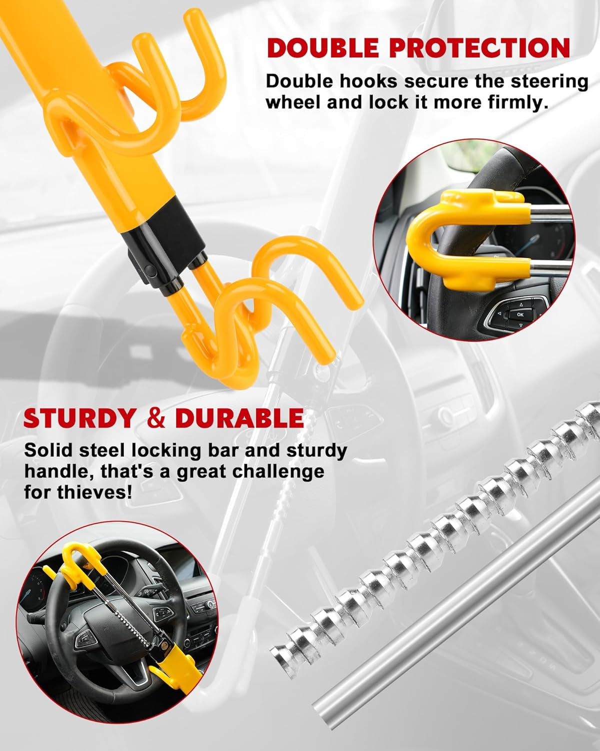 Steering Wheel Lock - Heavy Duty Antitheft Device and Car Security Lock with Adjustable Locking and 3 Keys - Great Vehicle and Truck Deterrent (Yellow)