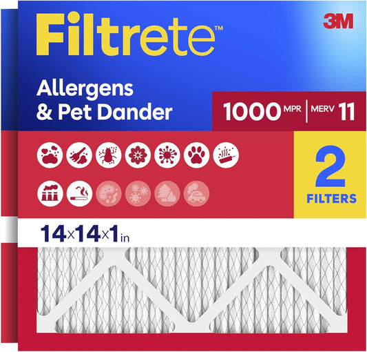 Filtrete 14X14X1 Air Filter, MERV 11, MPR 1000, Allergens & Pet Dander, 3-Month AC and Furnace Filters, Cleaner Air, Reliable Airflow, 2 HVAC Filters (Actual Size 13.68 X 13.68 X 0.81 In)