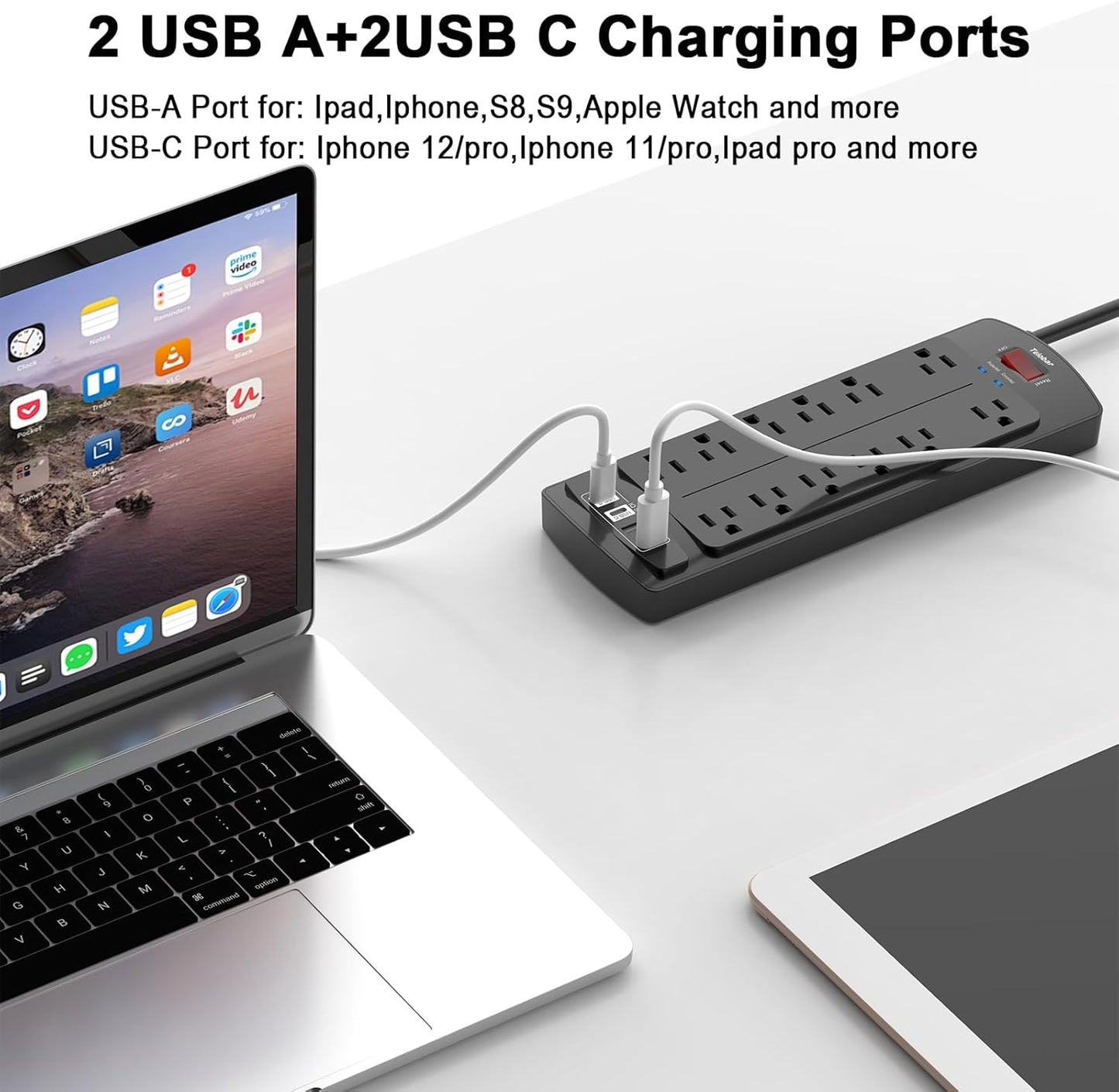 6 Ft Extension Cord Power Strip,  Surge Protector with 12 AC Outlets and 4 USB Ports for Home, Office, Dorm Essentials, 2700 Joules, ETL Listed, Black