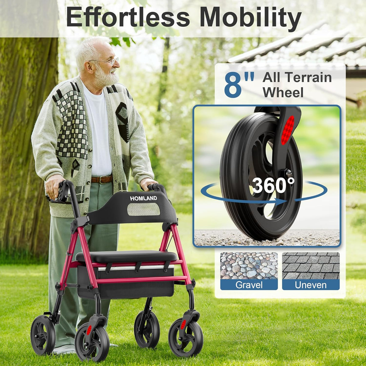 Foldable Rollator Walkers for Seniors with Seat, 16" Enlarged Seat | 350 Lb Sturdy Frame, 16"×12" Seat 1.9" Thick, 8" Big Wheels, Adjustable Height, Tool-Free Assembly, All Terrain Mobility Aid