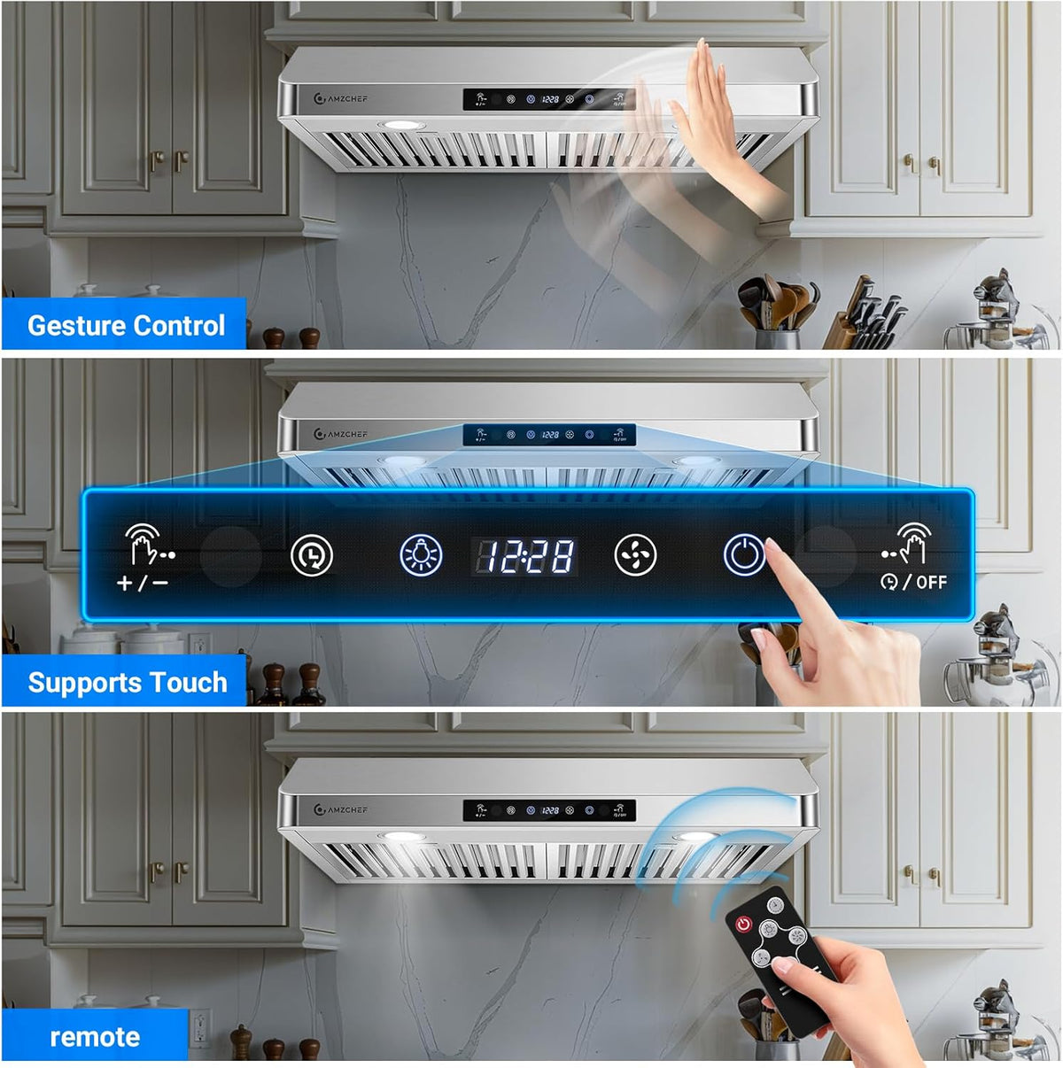 30" under Cabinet Range Hood, 750CFM Stainless Steel Vent Hood | Stainless Steel Hood with Touch/Remote/Gesture Control, Timer, LED Lights & Dishwasher-Safe Baffle Filters 3 Outlets