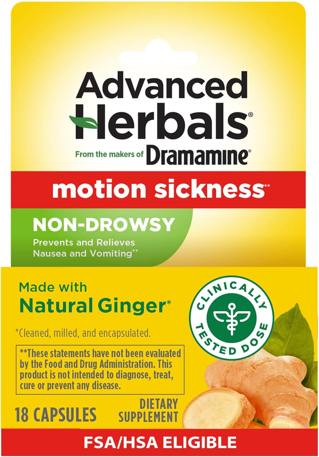 Advanced Herbals, Motion Sickness Relief, Ginger Capsules, 18 Ct | from the Makers of , Non-Drowsy, Relief from Nausea, Capsules Made with Natural Ginger