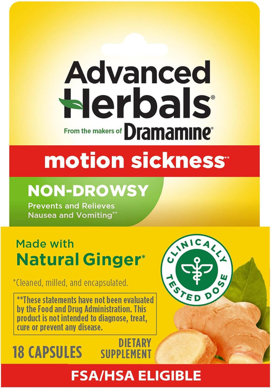 Advanced Herbals, Motion Sickness Relief, Ginger Capsules, 18 Ct | from the Makers of , Non-Drowsy, Relief from Nausea, Capsules Made with Natural Ginger