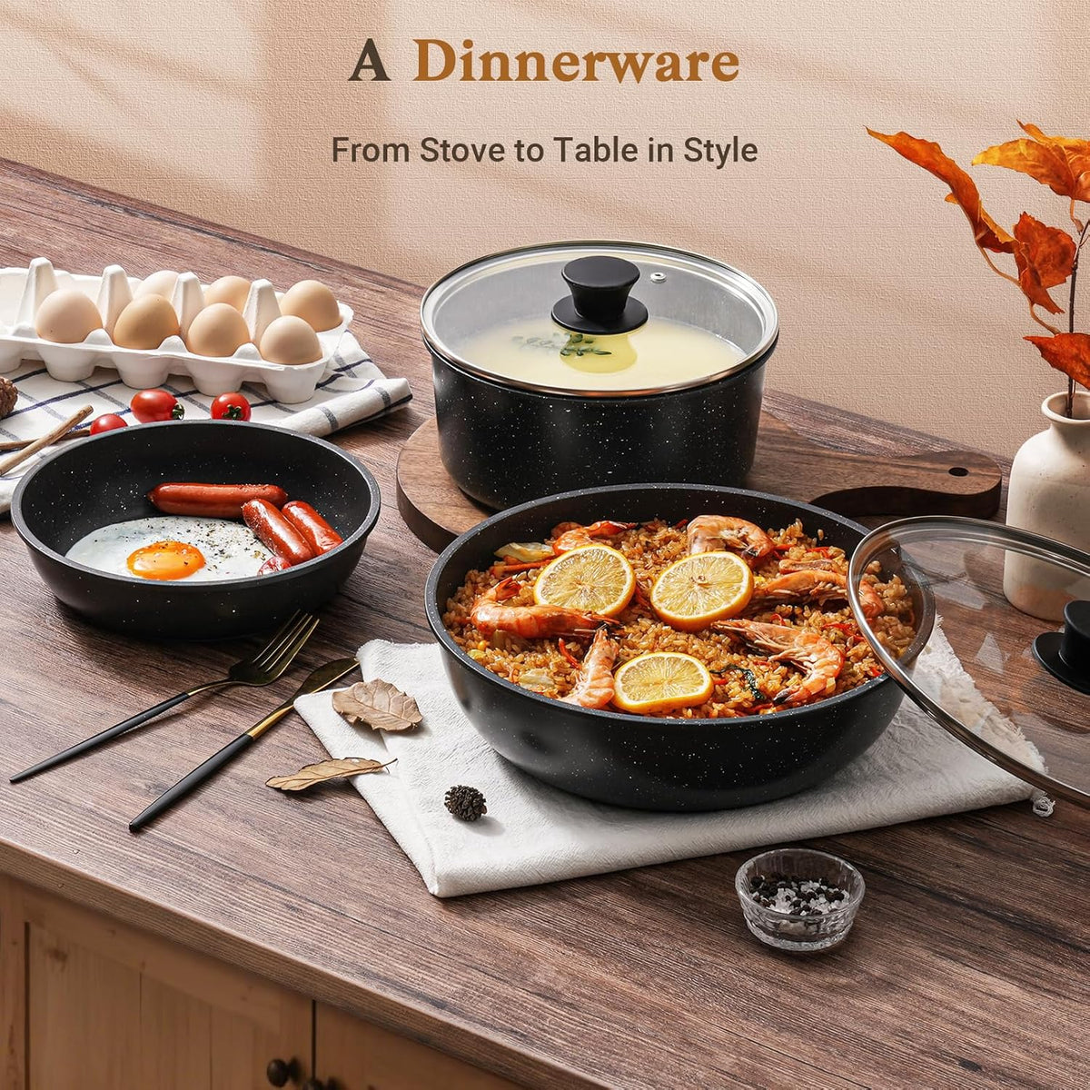 15Pcs Pots and Pans Set Non Stick, Detachable Handle, Induction | Nonstick,Black, Aluminum, Granite Coating,Induction Ready, RV Kitchen, Stackable Design, Space-Saving for Small Kitchens
